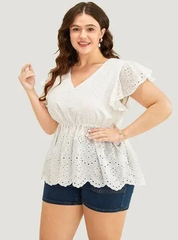 Bloomchic Solid Ruffles Scalloped Trim Laser Cut Blouse White 18-20