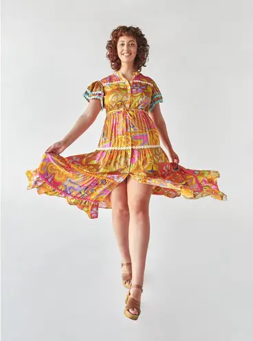 Celia B Lobelia Dress XS Multicolor Floral Midi Pom Pom Trim Boho Orange