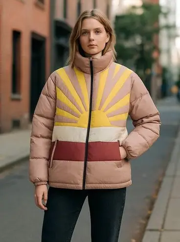 NWT WeSC Vegan Landscape Puffer Sunset Cactus Jacket Unisex Medium Yellow