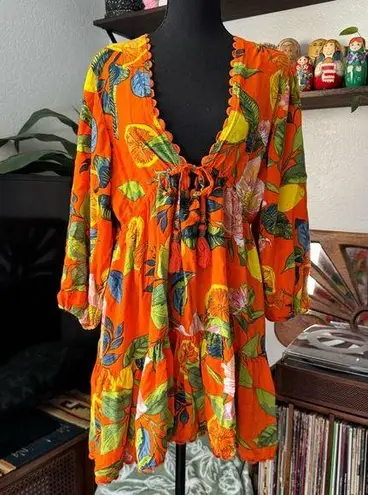 Blue Island Tropical Orange Citrus Print Vacation Resort Dress