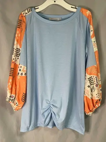 Miss Look Quilt Print 3/4 Sleeve Top Shirt Carolina Blue Cotton Round Neck XL EUC