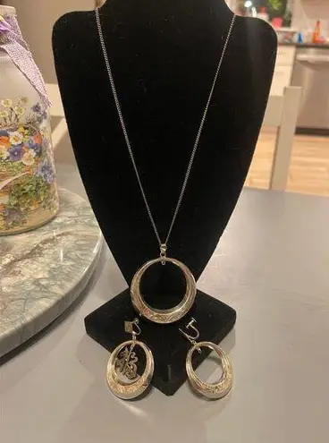 Vintage Silver Etched Hoop Drop Chinese Character Screw Back Earrings