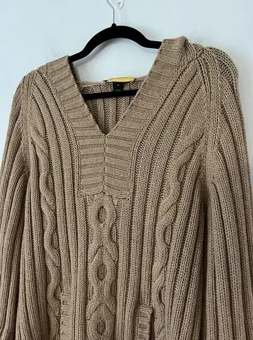 St. John Tan Brown Wool Blend Chunky Cable Knit Hooded Pullover Sweater Medium
