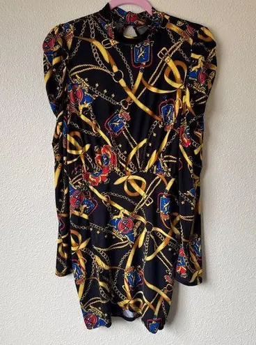 Vintage 90s Black Blue Equestrian Print Mini Dress Womens L Horse Lion Chain Size L