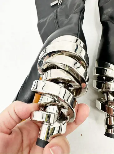 Keeyahri Zerina Silver Ribbon Heel OTK Boots Black Leather 36.5 Size 6.5