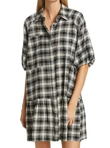 Jonathan Simkhai Crissy Black Plaid Checkered Short Puff Sleeve Mini Shirt Dress