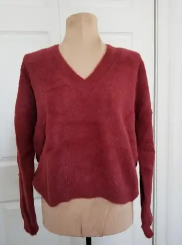 Forever 21  V-Neck Long Sleeve Fur Fuzzy Cherry Pink Sweater Top Womens Size S