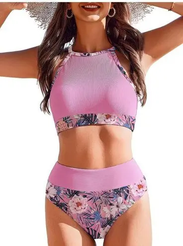 AI'MAGE High Neck Ribbed Two Pieces Bikini Swimsuit Pink Print Women’s Medium White