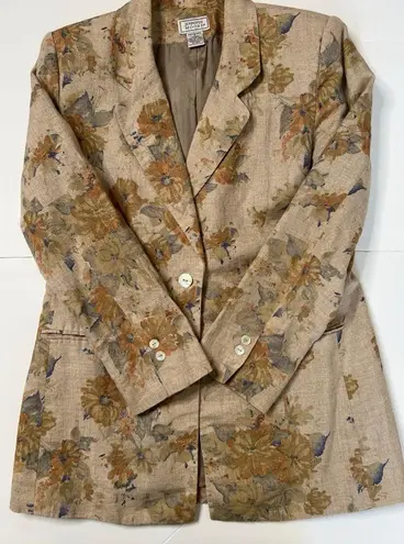 Jennifer Moore VTG  Taupe Floral Watercolor Print  Linen Jacket Blazer Sz…