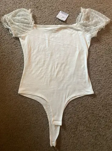 NWT Bodysuit with Sheer Polka Dot Puff Short Sleeves White