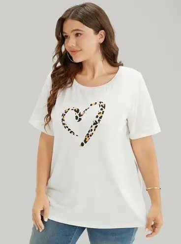 Bloomchic Leopard Heart Print Crew Neck T-Shirt White 14-16