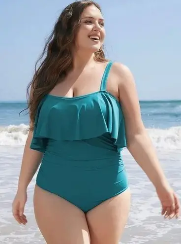 Bloomchic Ruffle Trim Sculpt Waist Ruched Front One Piece Swimsuit Blue 18-20