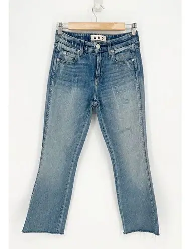 AMO Kick Crop Jean Frayed Raw Hem Distressed Light Wash Sweet Cheeks Women's 25 Blue