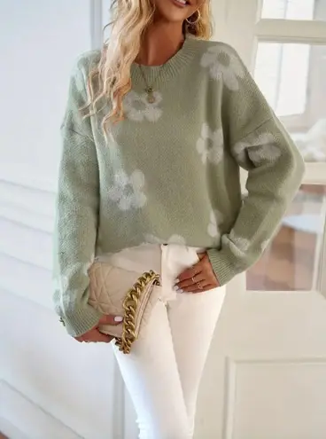 NEW Green Crew Neck Flower Jacquard Pullover Sweater in Matcha with Rib