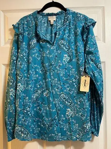 st. john's bay  Women’s Crew Neck Long Sleeve Teal Floral Blue Blouse Size XL