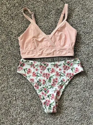 Zaful  Floral Print Bikini Set Light Pink High Rise Women’s Size 6 - 2 PIECE SET