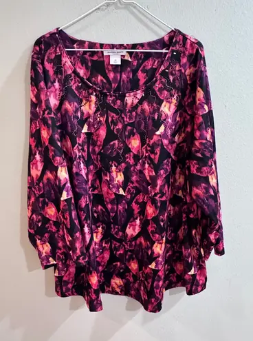 Allison Daley Woman 3X Black Pink Floral Long Sleeve Embellished Top