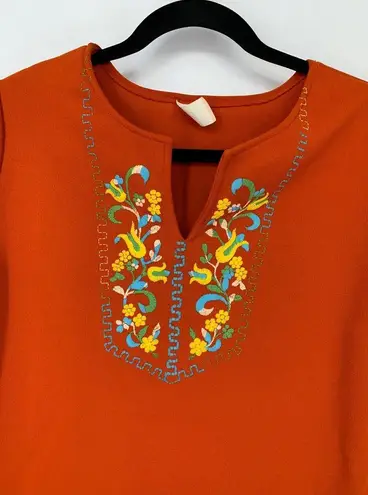 American Vintage Vintage 70s Blouse Women's Sz M Short Sleeve Split Neck Orange Painted Design