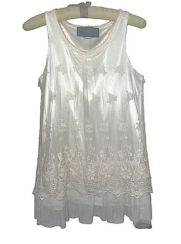 O2 Collection Ivory Satin Lined Embroidered & Lace Mesh Tunic Top with Tulle S