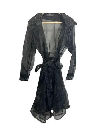 Akira  Sheer Black Tie Waist Trench Coat S Collared Fashion