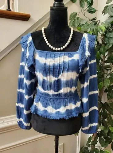 True Craft  Women Blue & White Cotton Square Neck Long Sleeve Top Blouse Size XS