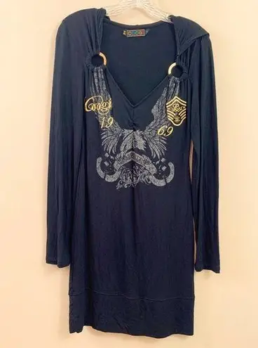 COOGI Couture Eagle Gold Embroidered Hooded Long Sleeve T-Shirt Mini Black Dress