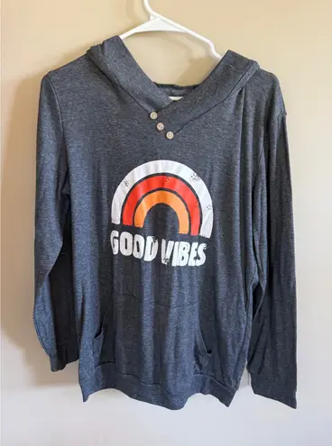 Good Vibes Rainbow Hoodie Sweatshirt Womens Medium Pullover Casual Gray