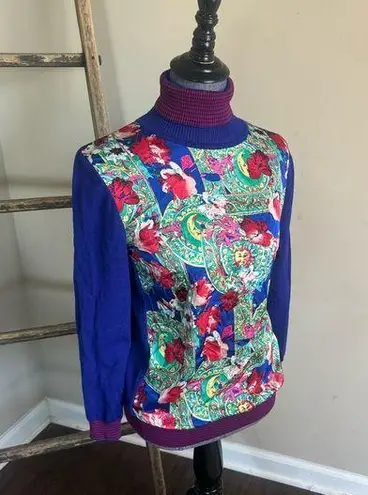 Yuka Mixed Media Print Turtle Neck Size Medium Blue