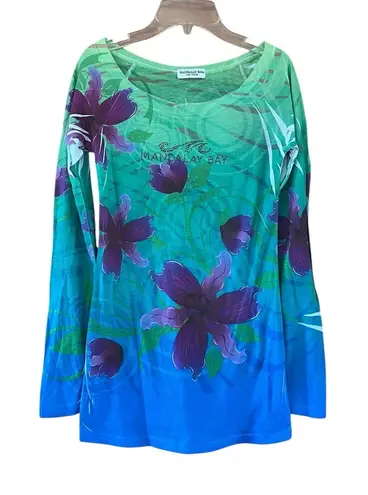 Mandalay Bay Las Vegas Floral Long Sleeve Top Green Blue Size XXS