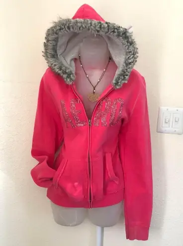 Aeropostale VERY RARE PLUS SIZE 2000S Y2K  pink zip up grey faux fur trim fitted hoodie jacket sweater silver rhinestone logo spell-out-XXL (true to size)
