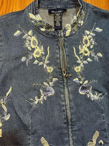 Vintage Denim & Co floral embroidered denim zip up jacket sz M womens cottagecor Blue Size M