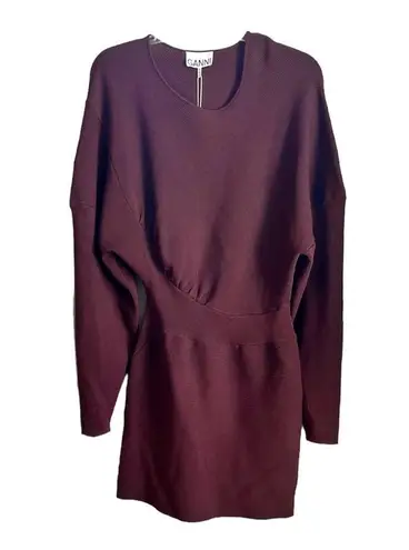Ganni NEW Ruched Ribbed-Knit Asymmetrical Mini Dress size L Grape