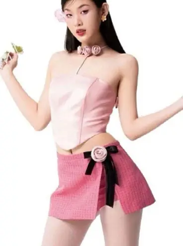 Vietnamese Pastel Pink Rose Bow Ribbon Halter Satin Corset Crop Top Blouse