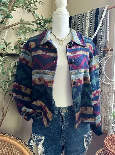 Vintage David Paul New York Tribal Western Print Semi Crop Blazer Jacket Size L