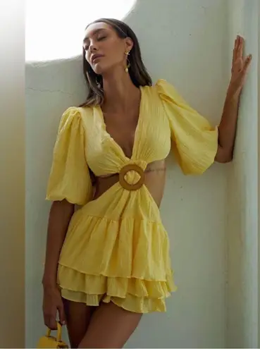 Beulah Womens Yellow Ruffled Tie Front Puff Sleeve Mini Dress