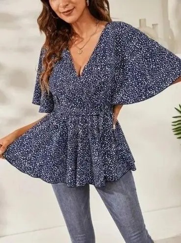 Boutique Navy Blue Dalmatian Dot Ruffle Hem Short Sleeve Top M