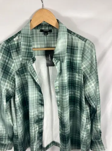 NWT Alfani Plaid Button Down Satin Shirt Size Small