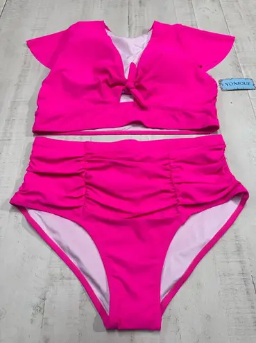 Yonique Two Piece Plus Size Bikini Set High Waisted flutter sleeve Swimwear Pink - Image 1