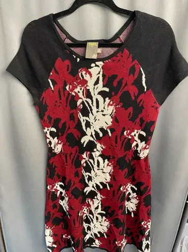 Taylor Sweater Dress Womens Medium Red Black Soft Flower Raglan Short Sleeve B71