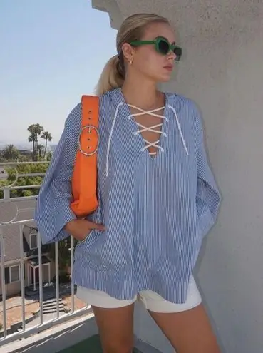 Free Assembly Oversized Striped Lace Up Cotton Hooded Blouse Top Sz S Blue