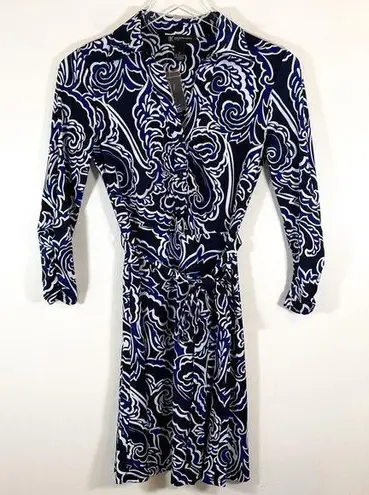 INC NWT  Black Navy White Puff Scroll Long Sleeve Waist Tie Business Casual Dress