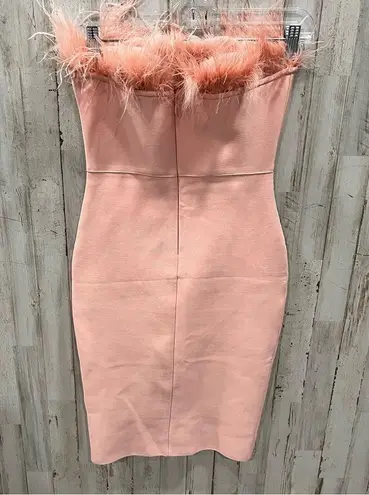 Pink Strapless Bodycon Fuzzy Feather Top Event Dress Knee Length Sexy