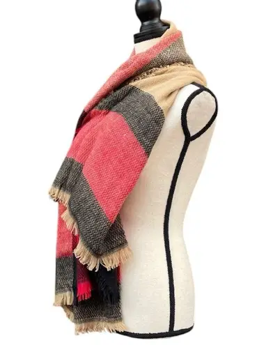 Oversized Plaid Fringe Warm Cozy Winter Fall Scarf Red Black Tan