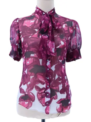 Elie Tahari Abstract Floral Sheer Blouse Top Womens Feminine Bow Artsy Size XS