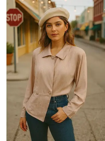 Amanda Smith Vintage Pink Satin Blouse Textured Long Sleeve Button Top Sz 10