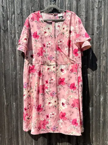 Ava & Viv Layered Ruffle Short Sleeve Floral Print Faux Wrap Dress in Pink - 3X