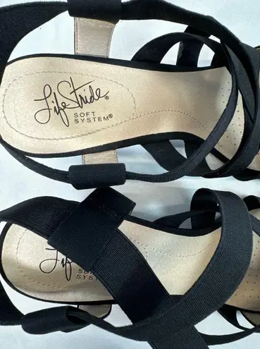 Life Stride Soft System Black Elastic Strappy 3.5" Heels Sandals Womens 8