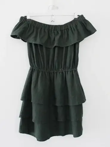 SIR The Label / Revolve Stefi Linen Off Shoulder Ruffle Mini Dress in Dark Olive