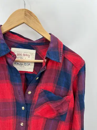 Girl Krazy Shirt Women SMALL Red Blue Plaid Flannel Long Sleeve Button Down