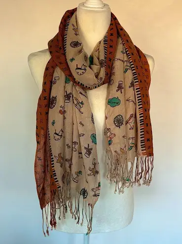 Metrocity Eclectic Patterned Scarf in Brown and Orange Tasseled One Size